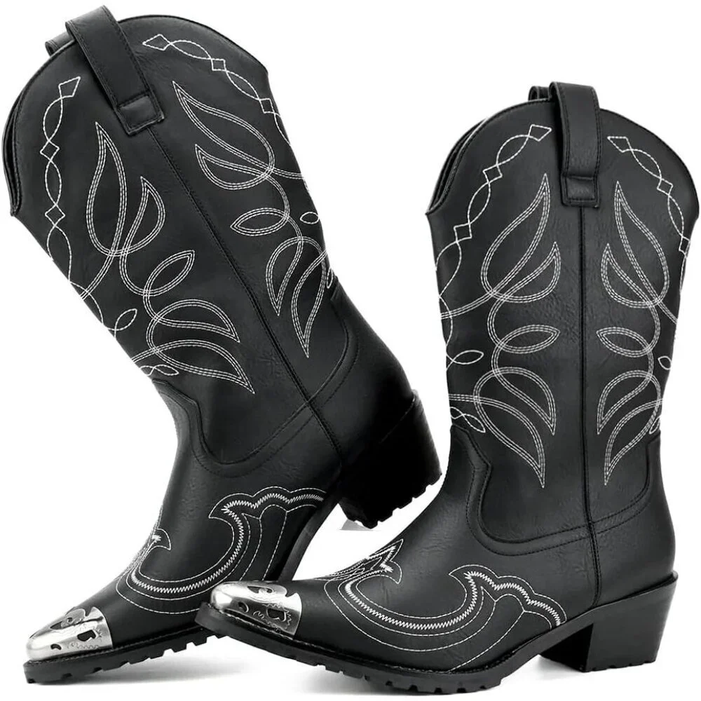 Men's Black Western Cowboy Retro Classic Embroidered Pull On Durable Boots